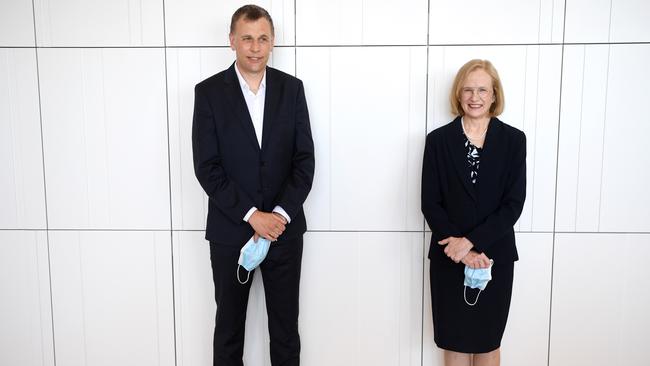 Outgoing Queensland Chief Health Officer Dr Jeannette Young with her planned replacement Dr Krispin Hajkowicz. Picture: NCA NewsWire / Dan Peled