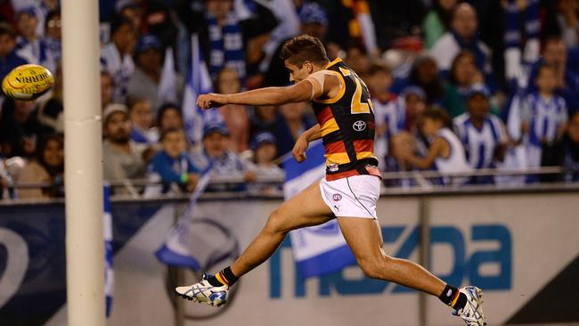 Jared Petrenko kicks the winning goal against North Melbourne.