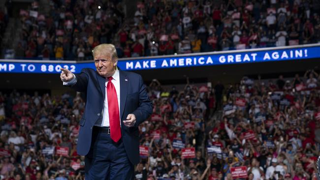 President Donald Trump on stage at the largely mask-free and not socially distanced, campaign rally at the BOK Center in Tulsa, Oklahoma. Picture: AP