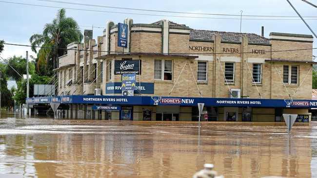 INUNDATED: The Northern Rivers Hotel and other businesses and houses in North Lismore were among those worst hit during the floods. Picture: Marc Stapelberg