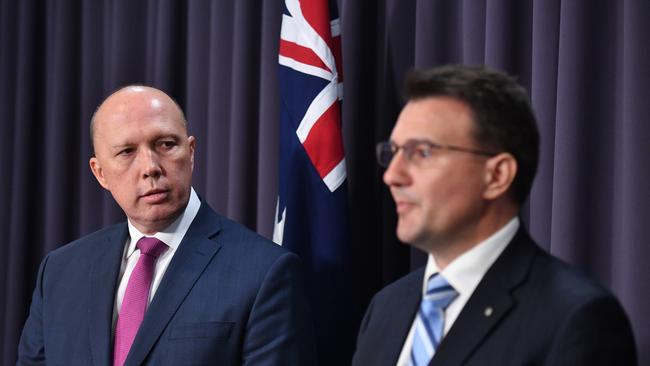 Minister for Home Affairs Peter Dutton and newly appointed Australian Federal Police AFP Commissioner Reece Kershaw.