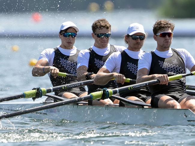 New Zealand's Ollie Maclean, Logan Ullrich, Tom Murray and Matt Macdonald compete in the men's four heats. Picture: Bertrand Guay