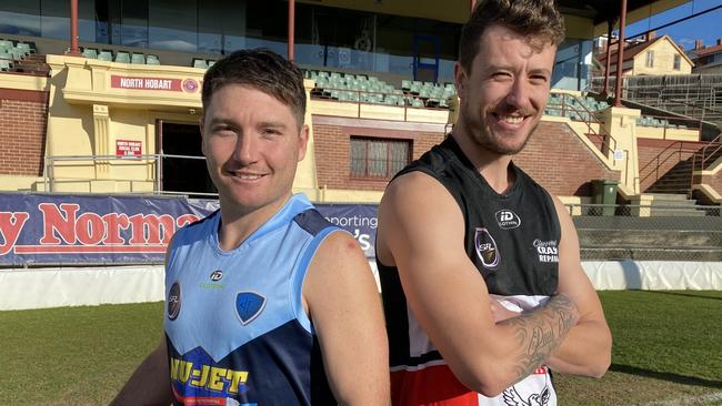 SFL players Jack Gleeson (Lindisfarne) and Jordan Banks Smith (New Norfolk) ahead of their crucial game at Anzac Park. Photo James Bresnehan