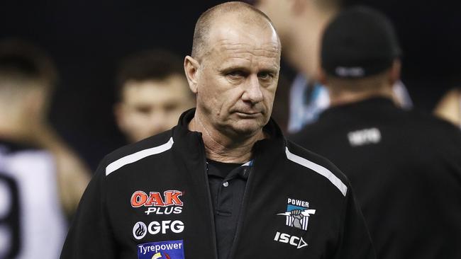 Power head coach Ken Hinkley during the Round 22 match at Marvel Stadium. Picture: AAP Image/Daniel Pockett