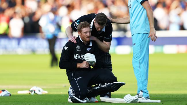 Martin Guptill of New Zealand reacts as he is run out on the final