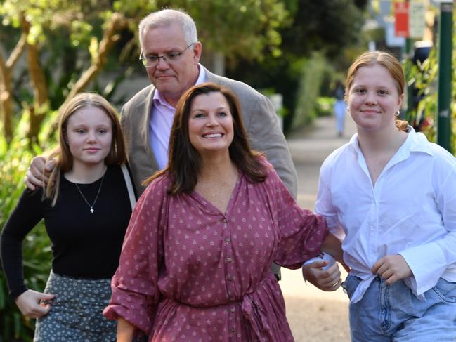 The Morrison family arriving for church in Sutherland during the 2022 federal election campaign. Picture: AAP