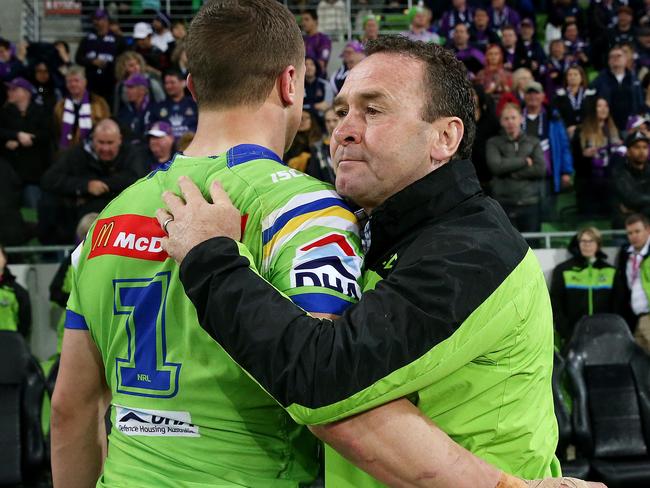 Coach Ricky Stuart with Jack Wighton after losing in the finals series.. Picture: Colleen Petch.