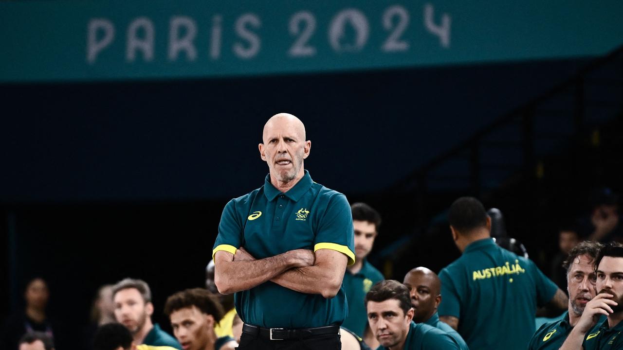 Australia's coach Brian Goorjian reacts in the men's quarterfinal basketball match between Serbia and Australia during the Paris 2024 Olympic Games at the Bercy Arena in Paris on August 6, 2024. (Photo by Aris MESSINIS / AFP)