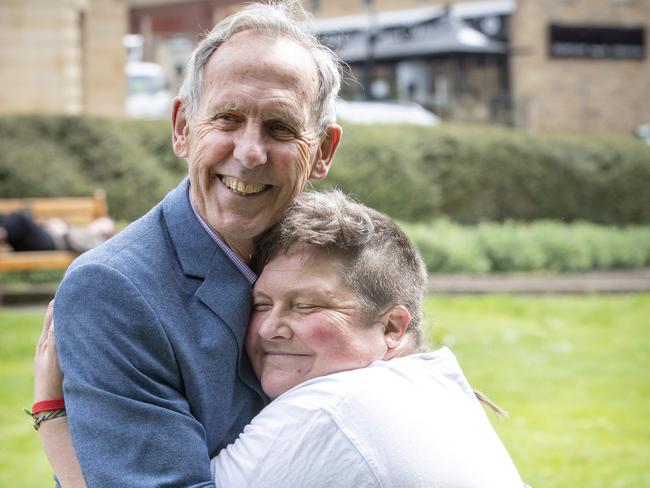 Dr Bob Brown with Dr Colette Harmsen after spending 3 months in prison for protesting against the logging of Tasmania's native forests, at Parliament lawns Hobart. Picture: Chris Kidd