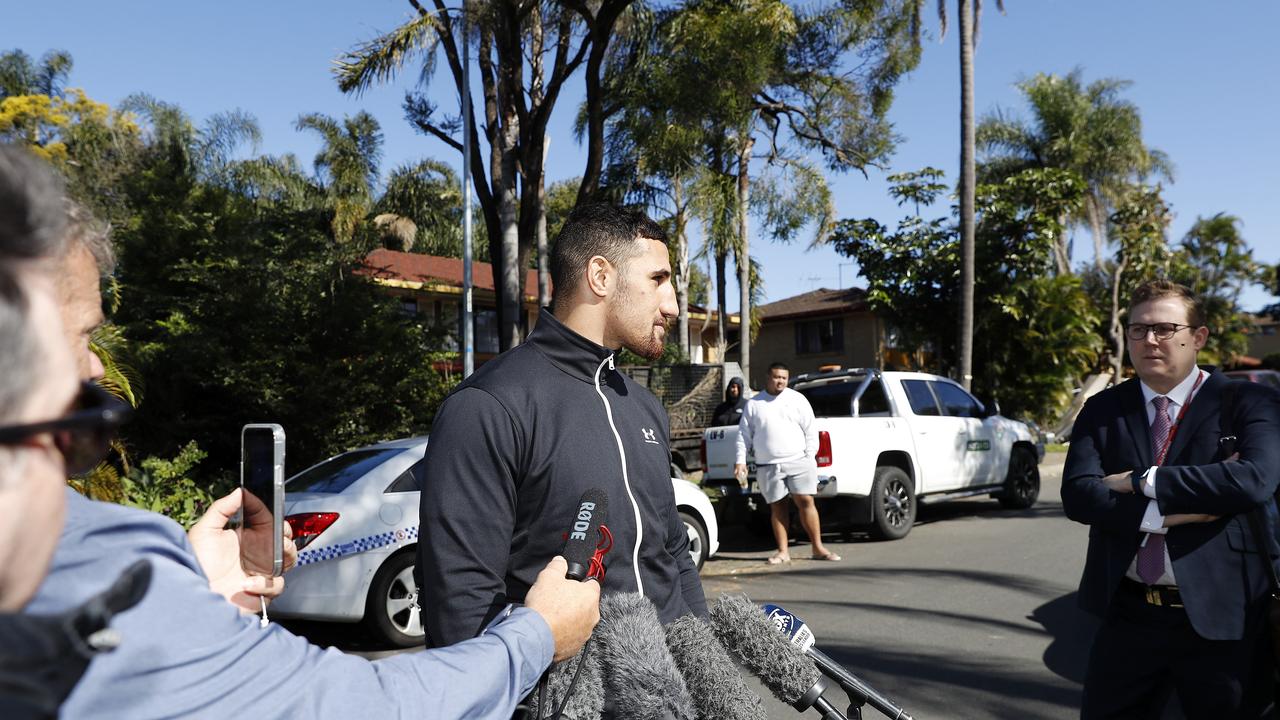 Brisbane boxer Justis Huni pictured addresses the media outside his house after it was shot at overnight. (Image/Josh Woning)