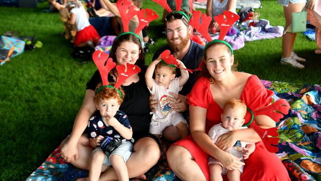 Carols by Candlelight at Riverway 2022. Natasha Ore. Bailey Farrell and Bethany Ore with Leo Crosby, 3, Pippa Cosby, 3 months, and Penelope Crosby, 1. Picture: Evan Morgan