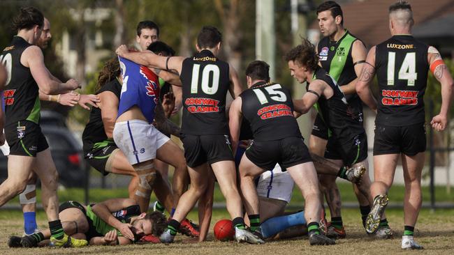 SFNL: Doveton and Keysborough players come to blows. Picture: Valeriu Campan