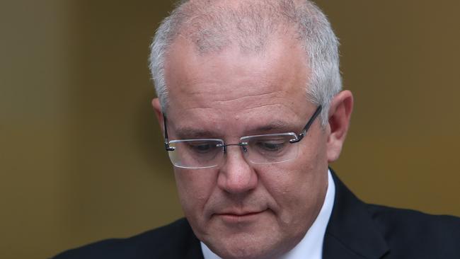 Scott Morrison became emotional during a press conference on the NDIS at Parliament House. Picture Kym Smith