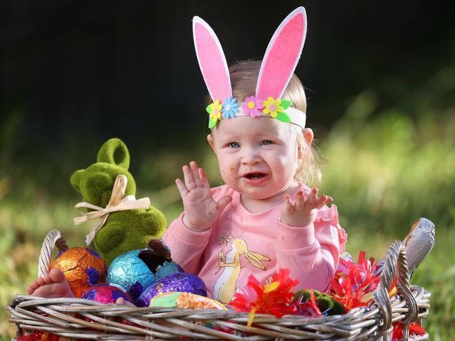 Avery "Birdie" Kidston, 1, eating Easter eggs and bunnies, Daisy Hill. Picture: Liam Kidston