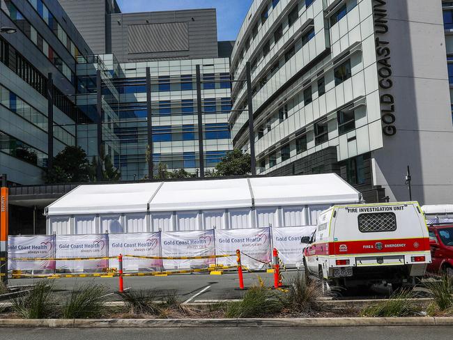 A hospital triage tent at Gold Coast University Hospital which has helped reduce ambulance ramping times. Picture: NIGEL HALLETT