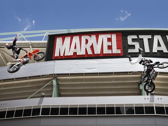 Nitro Circus four-man Freestyle Motocross demo, all on the front steps of Marvel Stadium, to celebrate the arrival of the all-new You Got This Stadium Tour, which launches on Saturday, 9 February. Riders Jayo Archer and Brodie Markham perform stunts outside Marvel Stadium.       Picture: David Caird