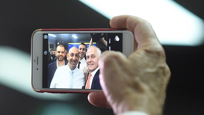 Malcolm Turnbull takes a selfie after addressing party members during a small business breakfast event in Perth on Wednesday, June 15. Picture: Lukas Coch/AAP