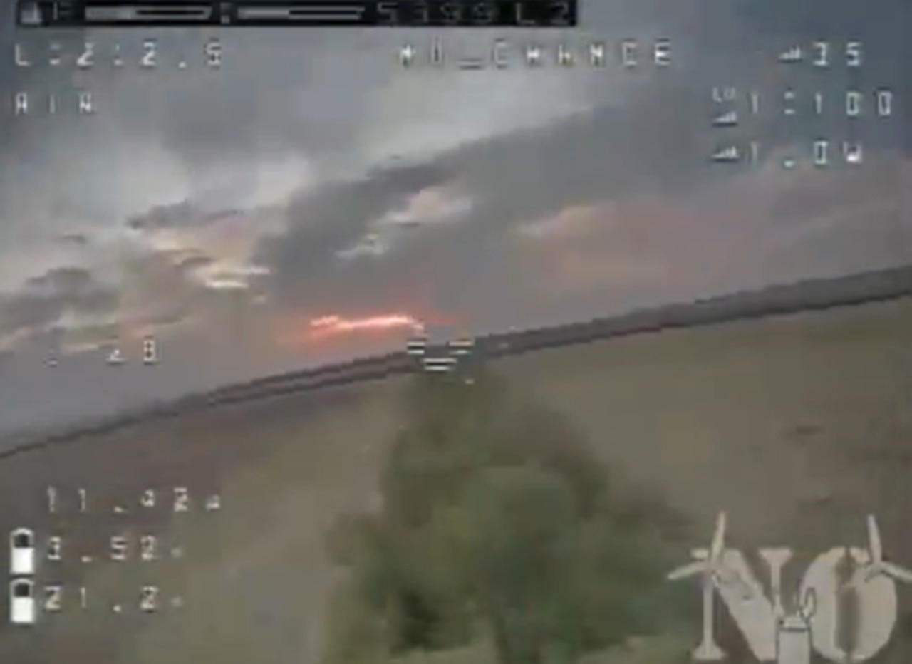 First-person footage from the drone showing the attack.