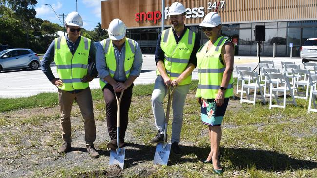 Callan Sipthorp, TLPC, Doug Rapson, Ram, Anna Brown, Westpac and Neil Middleton, Hutchinson Builders project manager at the sod turning of stage two of the Bay Plaza redevelopment.