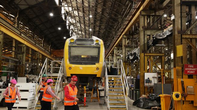 The cost of a flagship train manufacturing program, where trains were being built at Downer in Maryborough, has blown out by $2.4bn. Picture: Lachie Millard