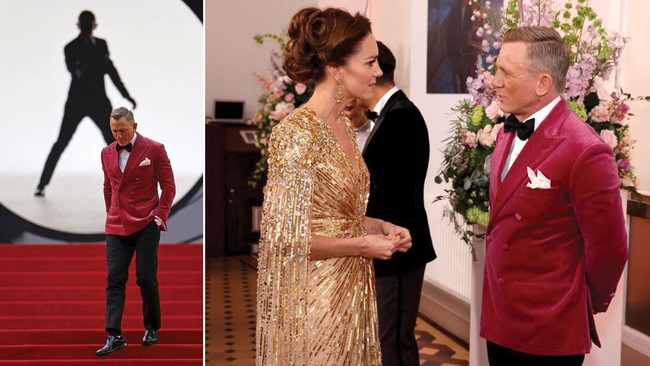 Catherine, Duchess of Cambridge meets actor Daniel Craig as she attends the "No Time To Die" world premiere. She wore a bespoke gold gown by Jenny Packaham in what has been described as her most glamourous look yet. Pictures: Chris Jackson/Getty Images