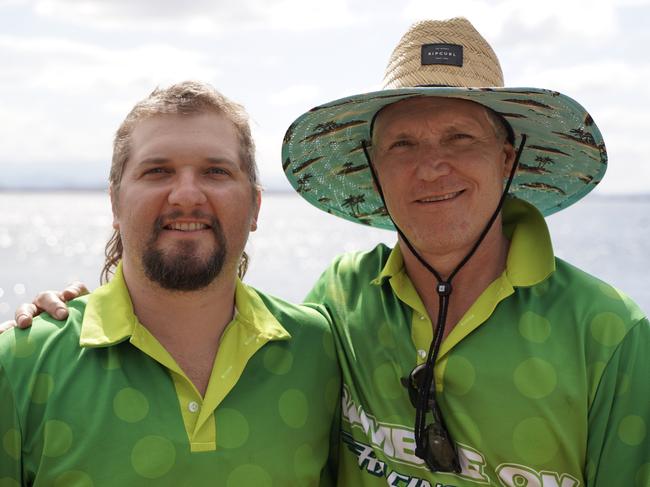 Ramble On Racing Team father and son duo Warren Walker (right) and Rob Walker at the inaugural Race 2 Rescue at Kinchant Dam raising money for RACQ CQ Rescue. Rob also shaved off his mullet, raising an extra $6500. Picture: Heidi Petith