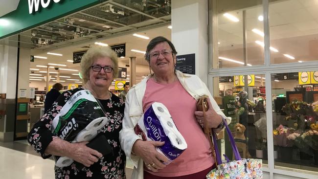 Some pensioners like Kingaroy Woolworths customers Brenda Offord and Eileen Legge just grabbed the essentials during the dedicated shopping hour. (Photo: Jessica McGrath)