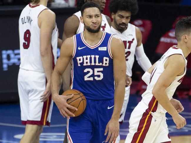 PHILADELPHIA, PA - JANUARY 12: Ben Simmons #25 of the Philadelphia 76ers reacts after fouling Tyler Herro #14 of the Miami Heat in the second quarter at the Wells Fargo Center on January 12, 2021 in Philadelphia, Pennsylvania. NOTE TO USER: User expressly acknowledges and agrees that, by downloading and or using this photograph, User is consenting to the terms and conditions of the Getty Images License Agreement.   Mitchell Leff/Getty Images/AFP == FOR NEWSPAPERS, INTERNET, TELCOS & TELEVISION USE ONLY ==