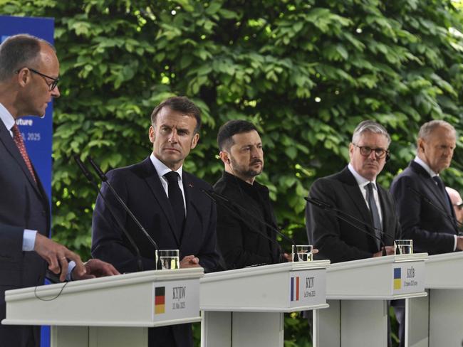 Friedrich Merz, Emmanuel Macron, Volodymyr Zelensky, Keir Starmer and Donald Tusk give a joint press conference after their meeting in the Ukrainian capital Kyiv. Picture: Genya Savilov/AFP