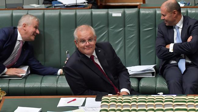 Deputy Prime Minister Michael McCormack, Prime Minister Scott Morrison, Treasurer Josh Frydenberg during Question Time this week.