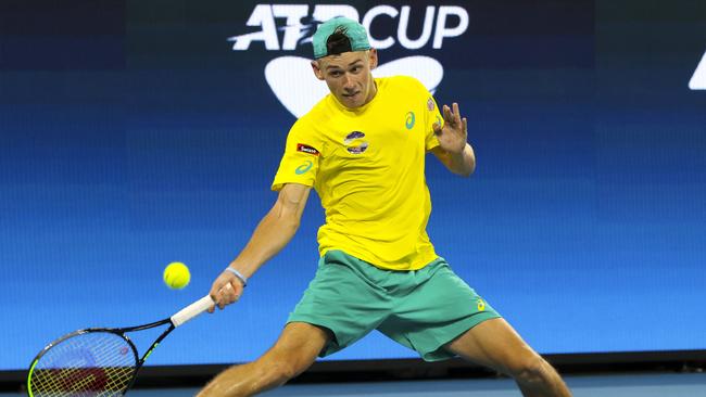 Alex de Minaur in action at the ATP Cup in Brisbane earlier this month. Picture: Franca Tigani