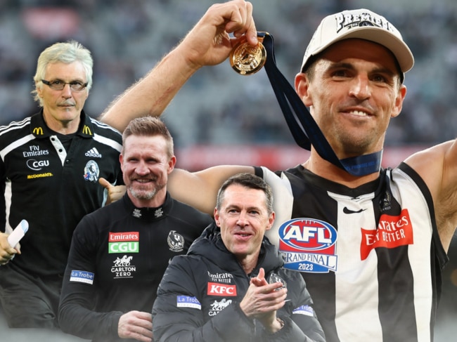 Scott Pendlebury and his three coaches, Mick Malthouse, Nathan Buckley and Craig McRae.