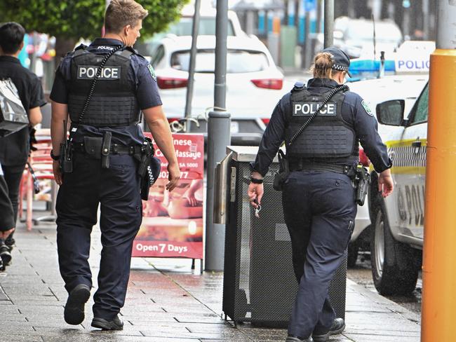 ADELAIDE, AUSTRALIA - NewsWire Photos September 20, 2023: Police on the beat along Hindley Street in AdelaideÃ•s CBD. South Australian Police Commissioner Grant Stevens has declared that Adelaide is Australia's safest city. Picture: NCA NewsWire / Brenton Edwards* Can be used as SAPOL GENERIC *