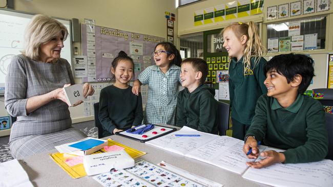 Brandon Park Primary school principal Sheryl Chard with Year 1 pupils Chloe Sullivan, Amber Mao, Alfie Buck, Mia Yang and Devin Arachchige. Picture: Aaron Francis