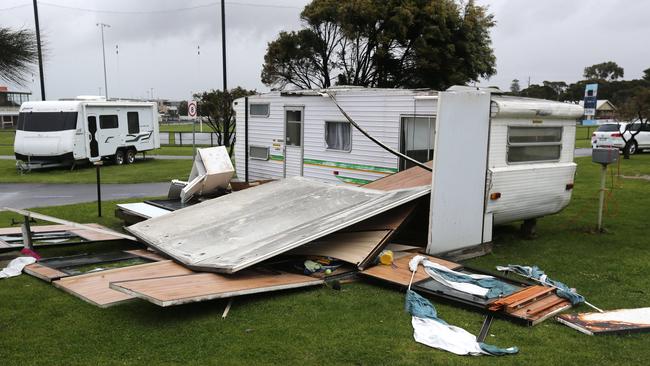 A destroyed caravan annex at the Queenscliff Tourist Park. Picture: Mike Dugdale