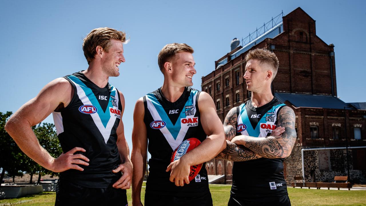 Port Adelaide's leadership group, from right, co-captains Tom Jonas and Ollie Wines with deputy Hamish Hartlett at Harts Mill, Port Adelaide. Picture Matt Turner