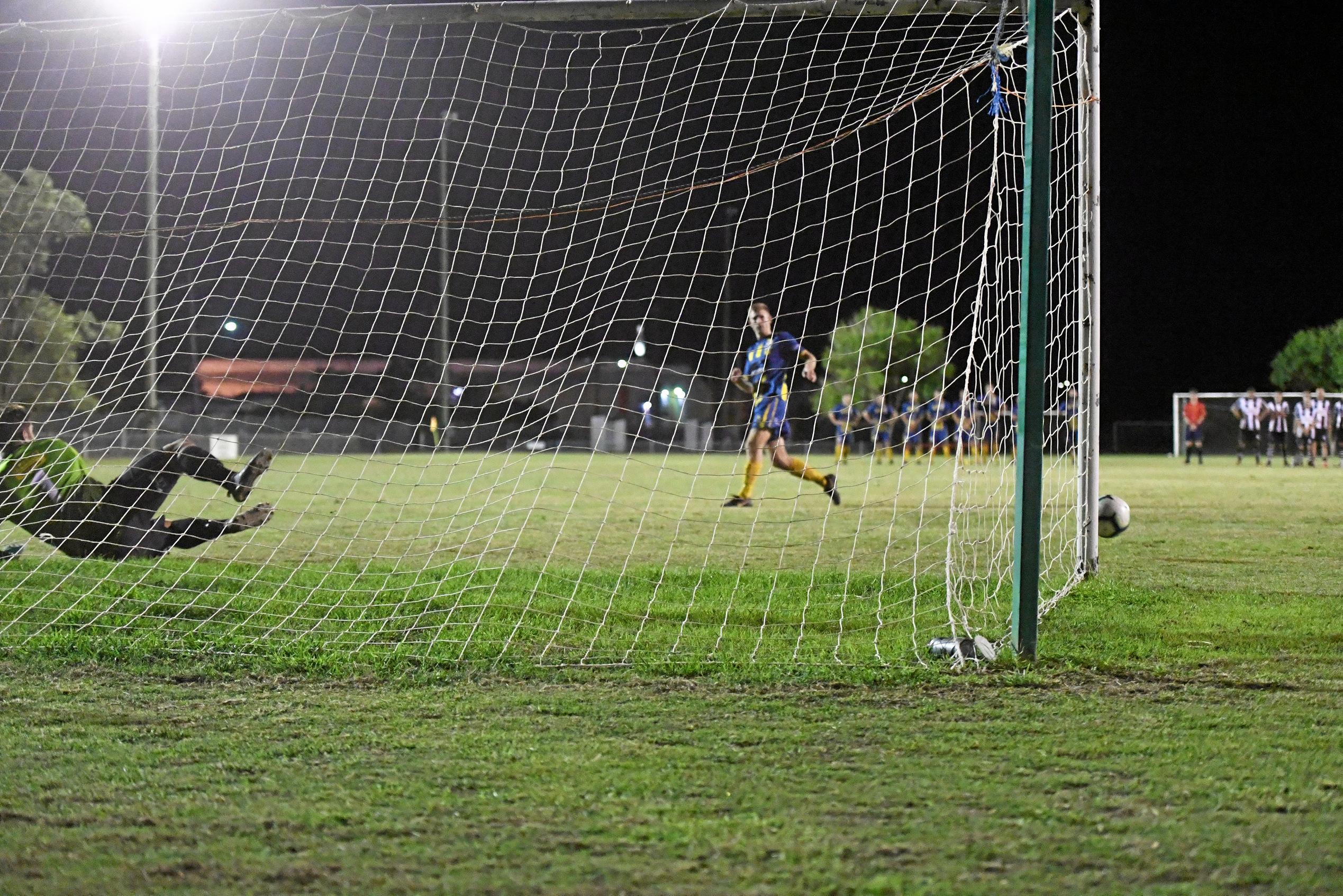 The Waves' Jacob Trudgian misses his penalty. Picture: Shane Jones