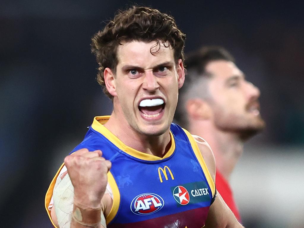 BRISBANE, AUSTRALIA – JUNE 28: Jarrod Berry of the Lions celebrates a goal during the round 16 AFL match between Brisbane Lions and Melbourne Demons at The Gabba, on June 28, 2024, in Brisbane, Australia. (Photo by Chris Hyde/AFL Photos/via Getty Images)