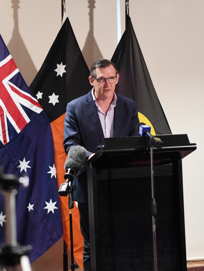 Chief Minister Michael Gunner addresses the media about the Territory Economic Reconstruction Commission final report. Picture: Katrina Bridgeford