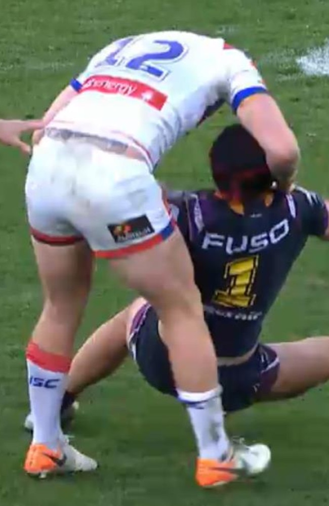 Newcastle's Mitchell Barnett is in big trouble for this tackle on Jahrome Hughes.