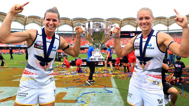 Chelsea Randall and Erin Phillips celebrate winning the AFLW Grand Final