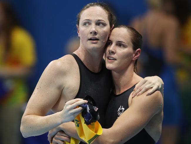 Cate Campbell and sister Bronte after the 100m freestyle final in Rio. Picture. Brett Costello