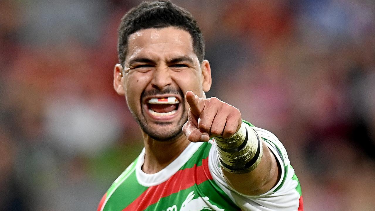 BRISBANE, AUSTRALIA - MAY 15: Cody Walker of the Rabbitohs celebrates scoring a try during the round 10 NRL match between the Cronulla Sharks and the South Sydney Rabbitohs at Suncorp Stadium, on May 15, 2021, in Brisbane, Australia. (Photo by Bradley Kanaris/Getty Images)