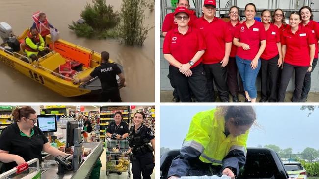 Woolworths and Coles workers have pitched in to help the Ingham community after days of intense rainfall. Pictures: Supplied.