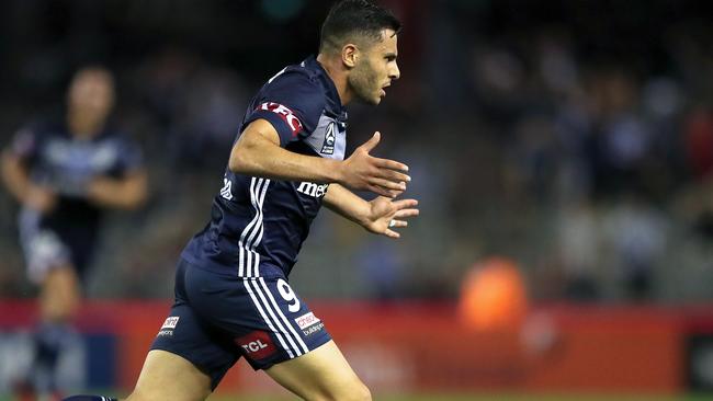 Andrew Nabbout of Melbourne Victory after his late goal during the round- 21 A-League match against Adelaide United at Marvel Stadium in Melbourne on Saturday. Picture: AAP