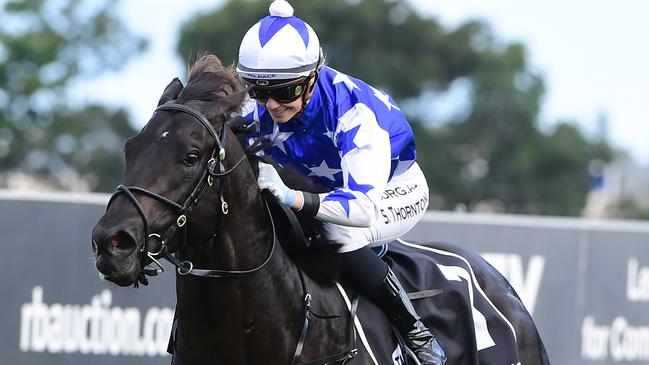 Steph Thornton could afford a cheeky smile as The Odyssey took out the 3YO Jewel. Picture: Trackside Photography