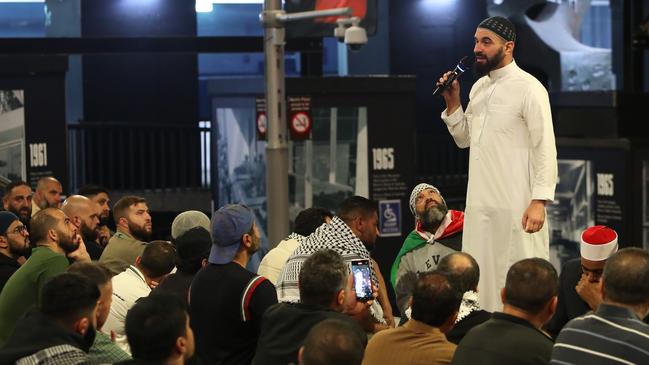 Muslim Vote convener Sheik Charkawi speaks at Martin Place, Sydney. Picture: Getty Images