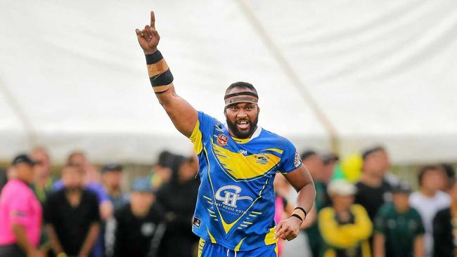 Murwillumbah Mustangs second rower Jone Macalai celebrates winning the NRRRL grand final last year. The season starts next month. Picture: SCOTT POWICK