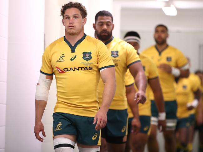 Michael Hooper leads the Wallabies out during the second Bledisloe Cup Test. Picture: Getty