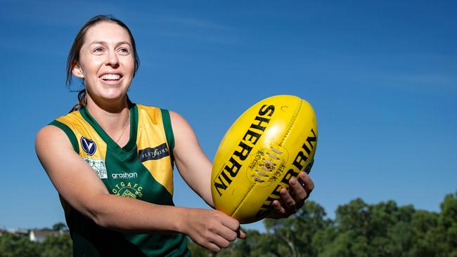 Former professional tennis player Sally Peers has put away the racquets and signed up with Bulleen's Old Trinity Football Club. Picture: Sarah Matray